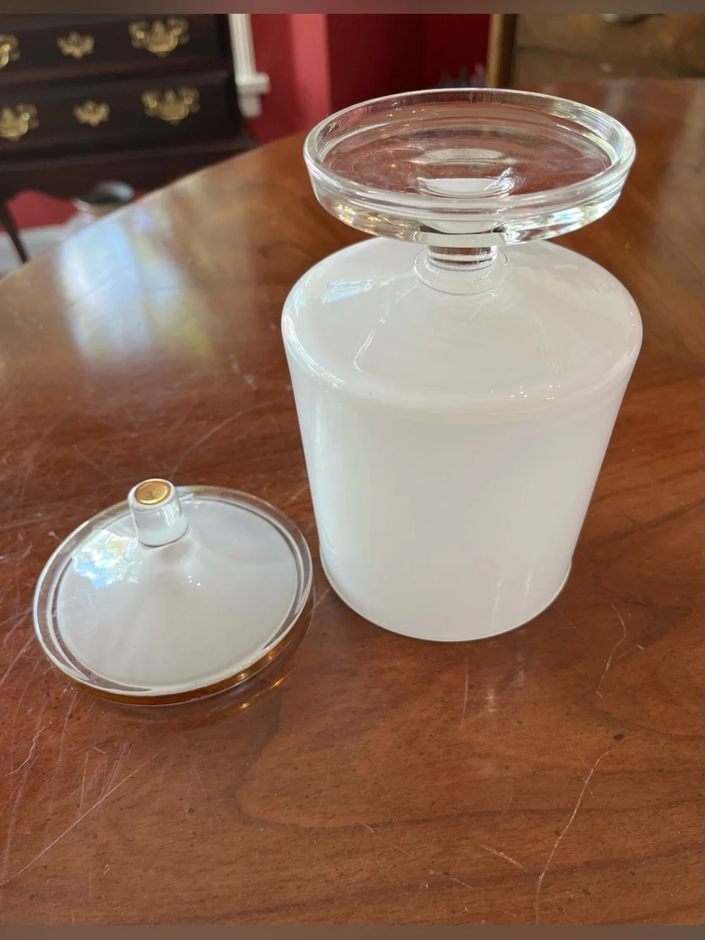 West Virginia Glass White Frosted Blue Roses Pedestal Apothecary Jar w Lid